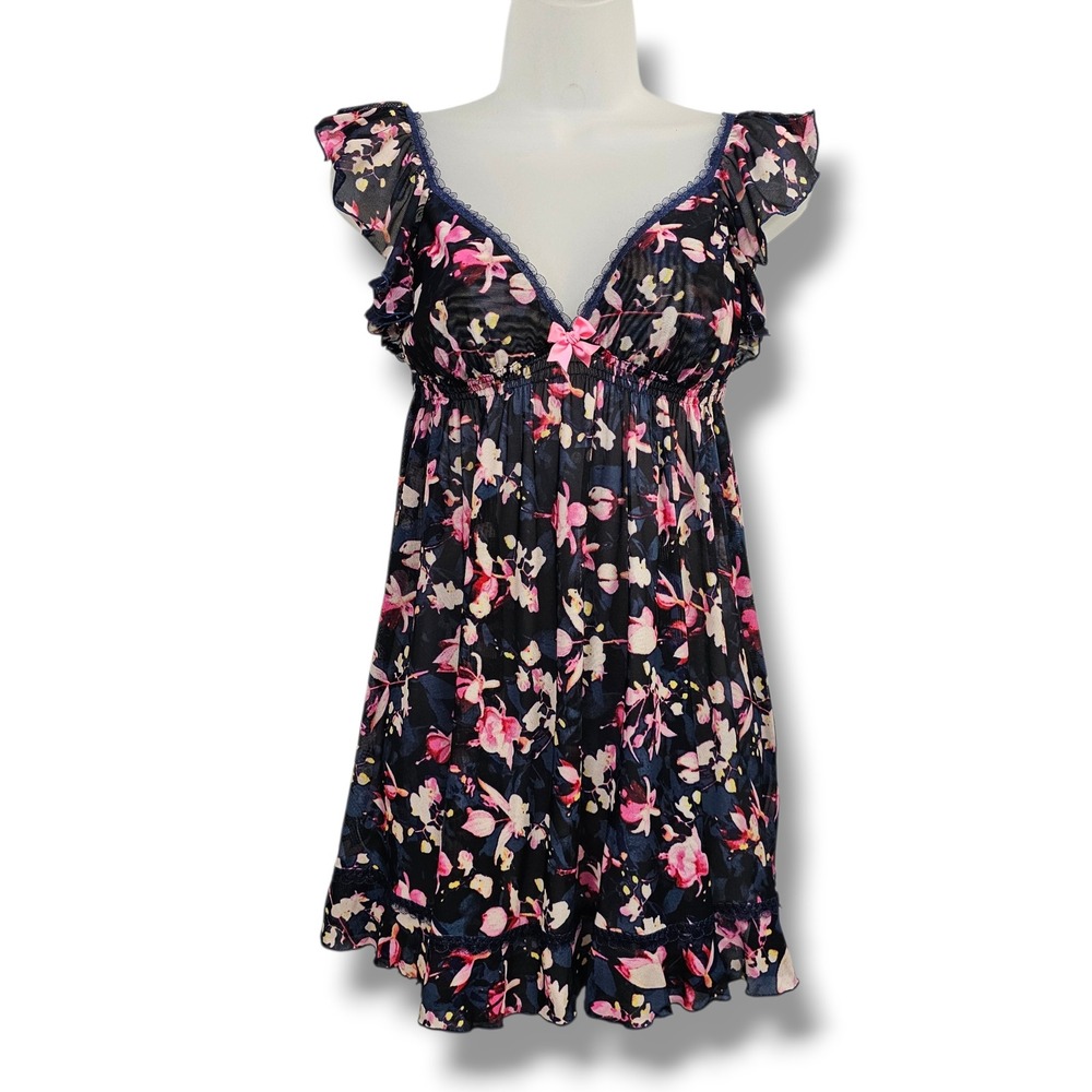 Betsey Johnson Babydoll Mesh Slip Dress Chemise S Navy Dark Floral Lace Y2K Bow